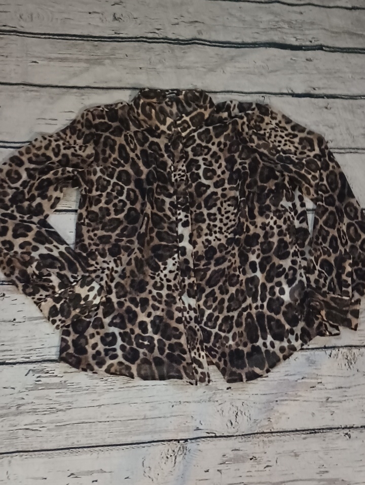 Express Relaxed Portofino Sheer Black Brown Leopard Print Button Up Shirt M
